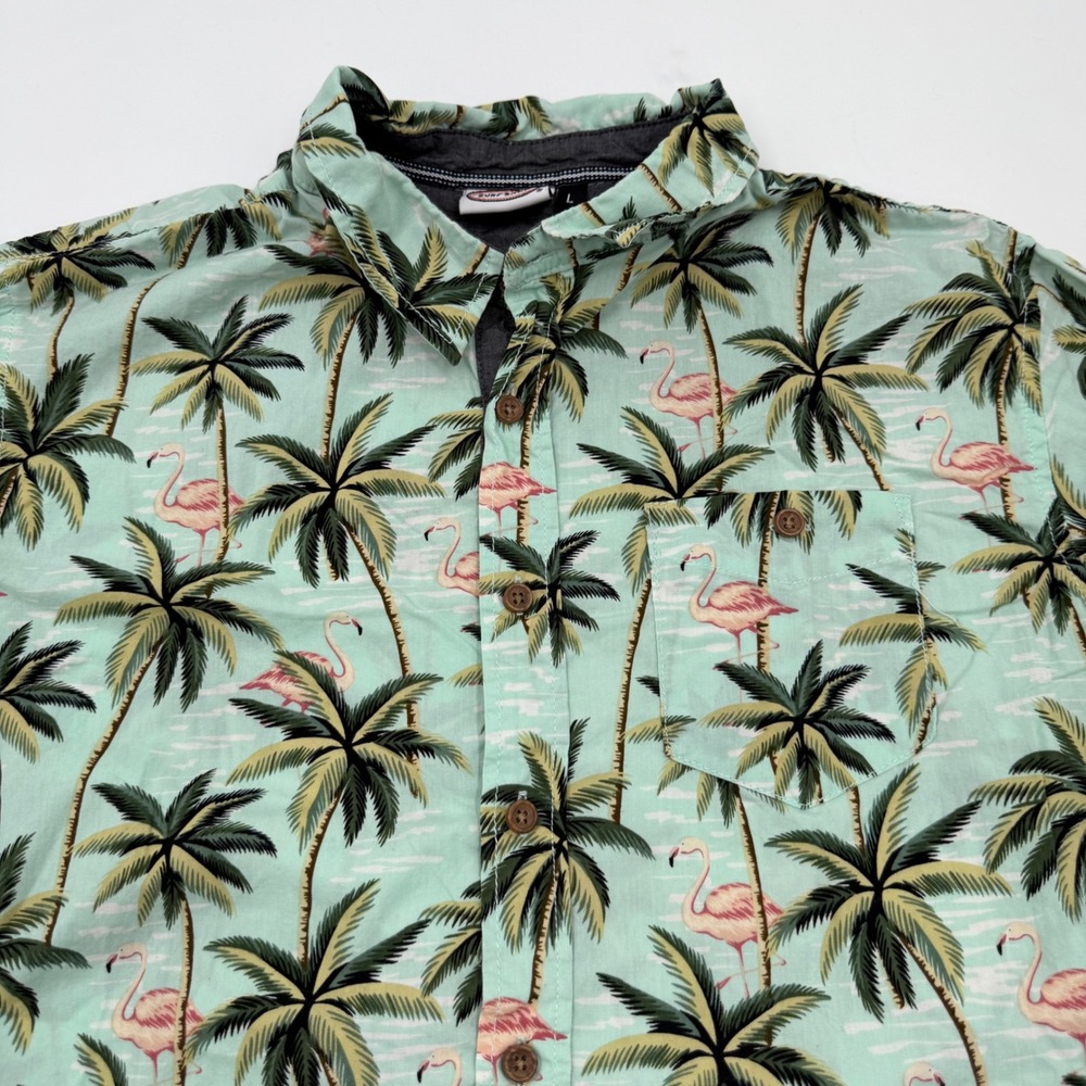Ron Jon Surf Shop Mens Large Flamingo Palm Tree Hawaiian Button Down Shirt Mint